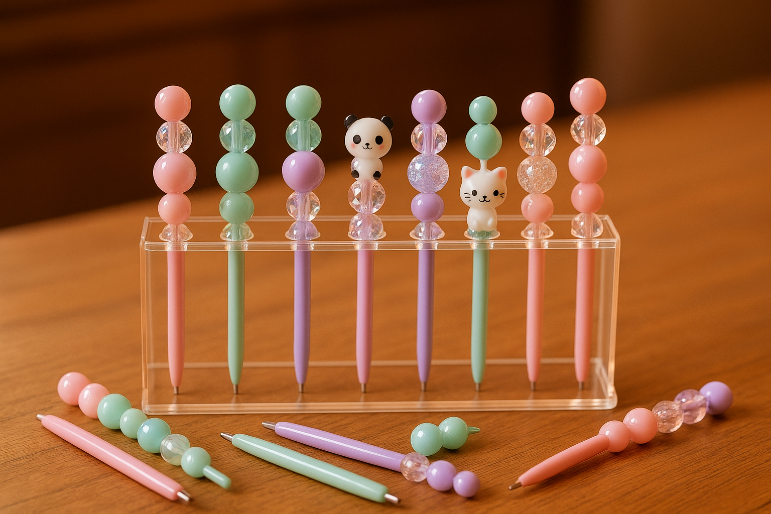 cute beaded pens on the table with display rack